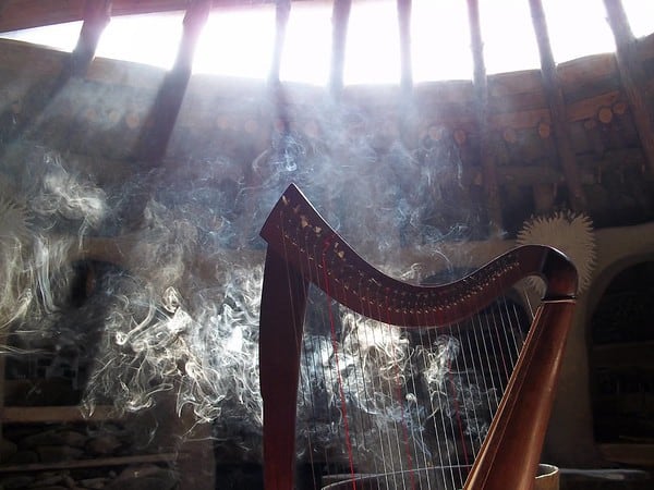harp in a historic celtic hall